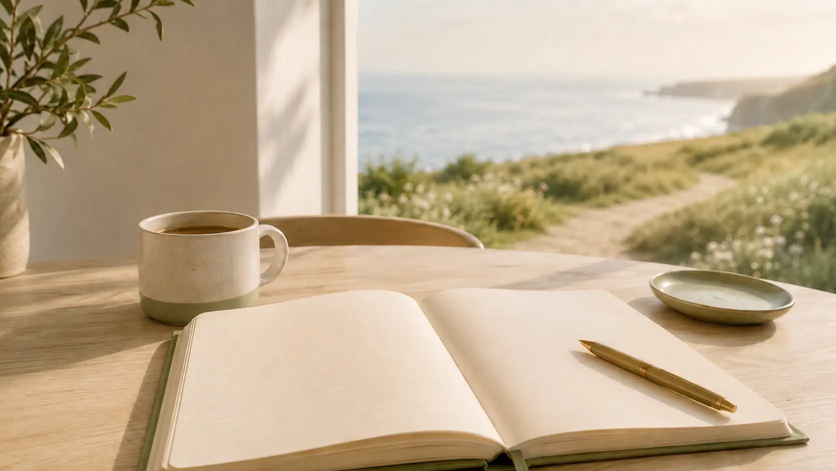 An open notebook and pen on a sunlit wooden table beside a mug of coffee, with a window looking out over a grassy coastal path down to the sea.