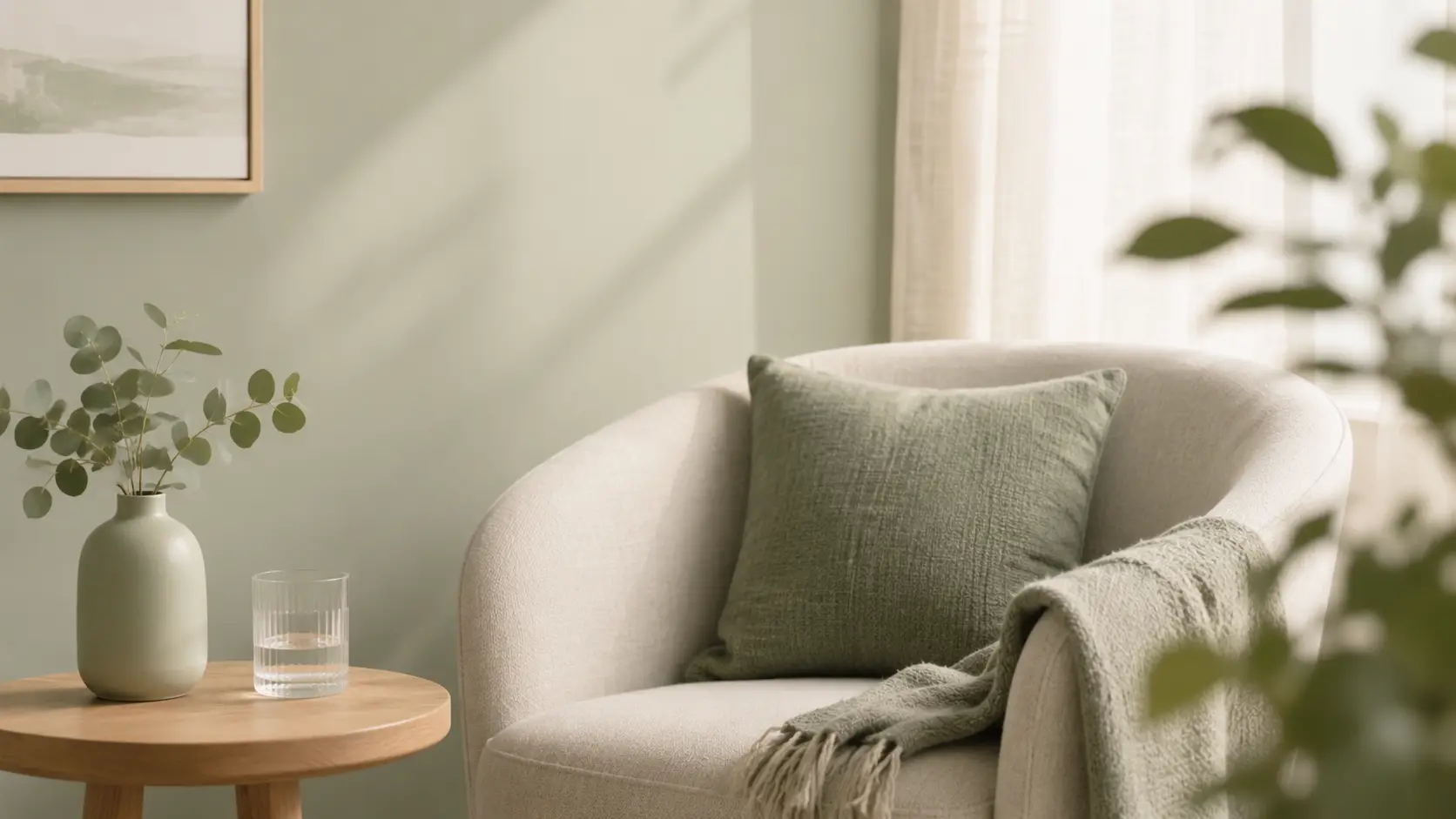 A quiet corner of a softly lit room: a cream armchair with a sage green cushion and a knitted throw, beside a small wooden table holding eucalyptus in a vase and a glass of water.