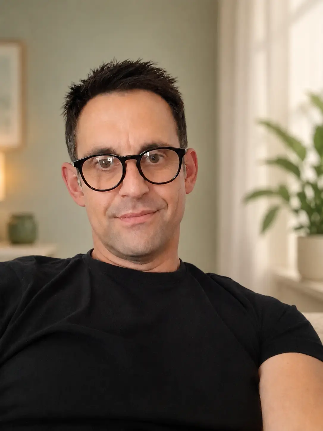 Mark Hope, seated in a softly lit room, wearing dark-framed glasses and a black t-shirt, looking towards the camera with a gentle smile.