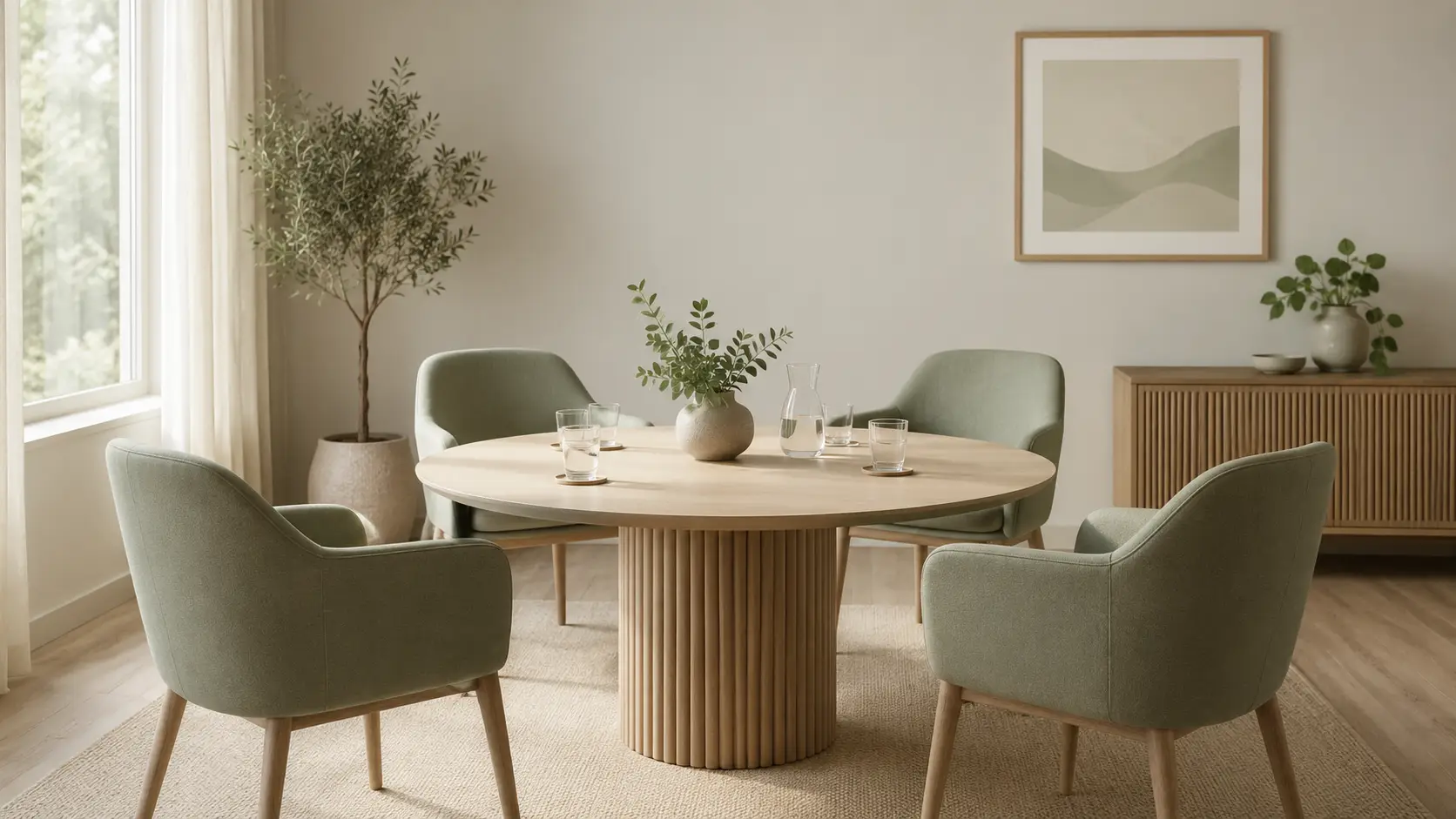 A bright, calm room with a round wooden table and four matching sage green chairs spaced evenly around it, glasses of water set out on the table.